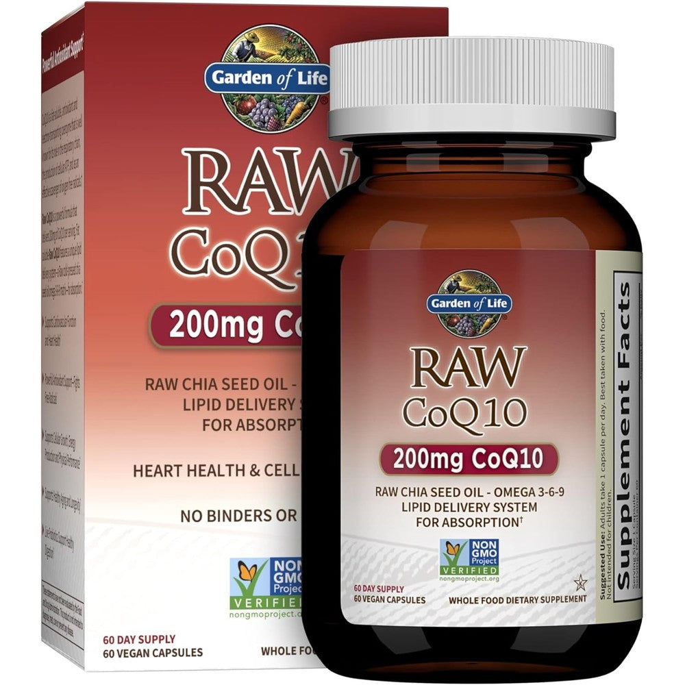 Garden of Life Raw CoQ10 200mg 60 capsules front bottle view authentic USA import lifestyle shot