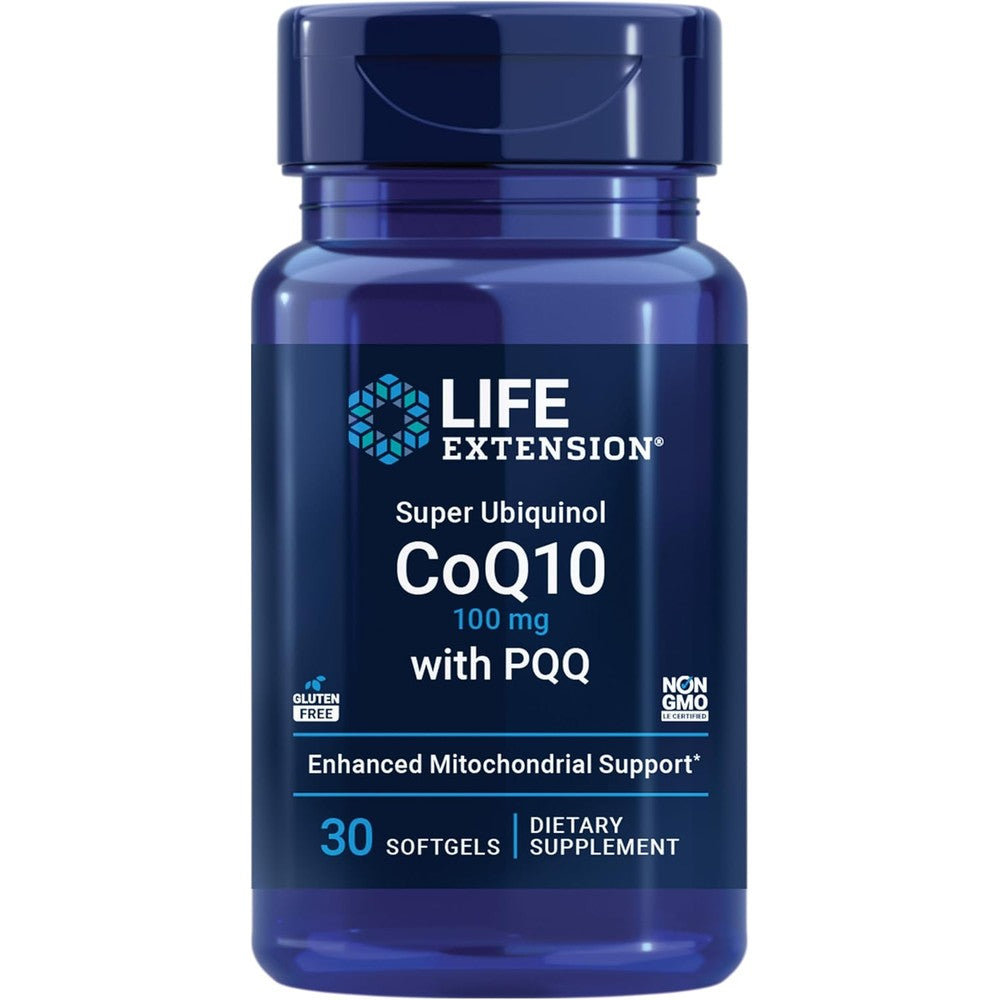 Life Extension Super Ubiquinol CoQ10 with PQQ 30 softgels front bottle view for heart health support