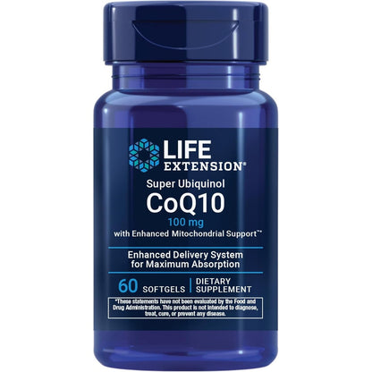 Life Extension Super Ubiquinol CoQ10 front view bottle showing 100 milligrams cellular energy supplement