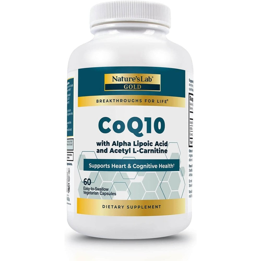 Nature's Lab Gold CoQ10 60 vegetarian capsules front bottle view for cardiovascular health