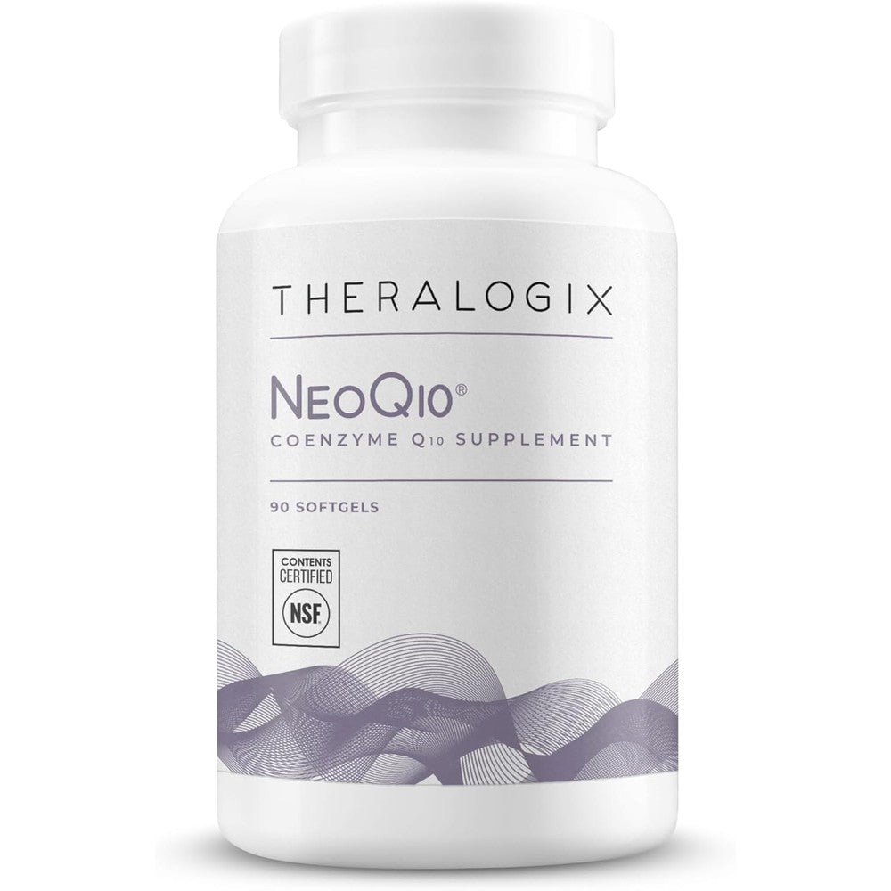Theralogix NeoQ10 Coenzyme Q10 supplement bottle front view showcasing ninety softgels for heart health and fertility support