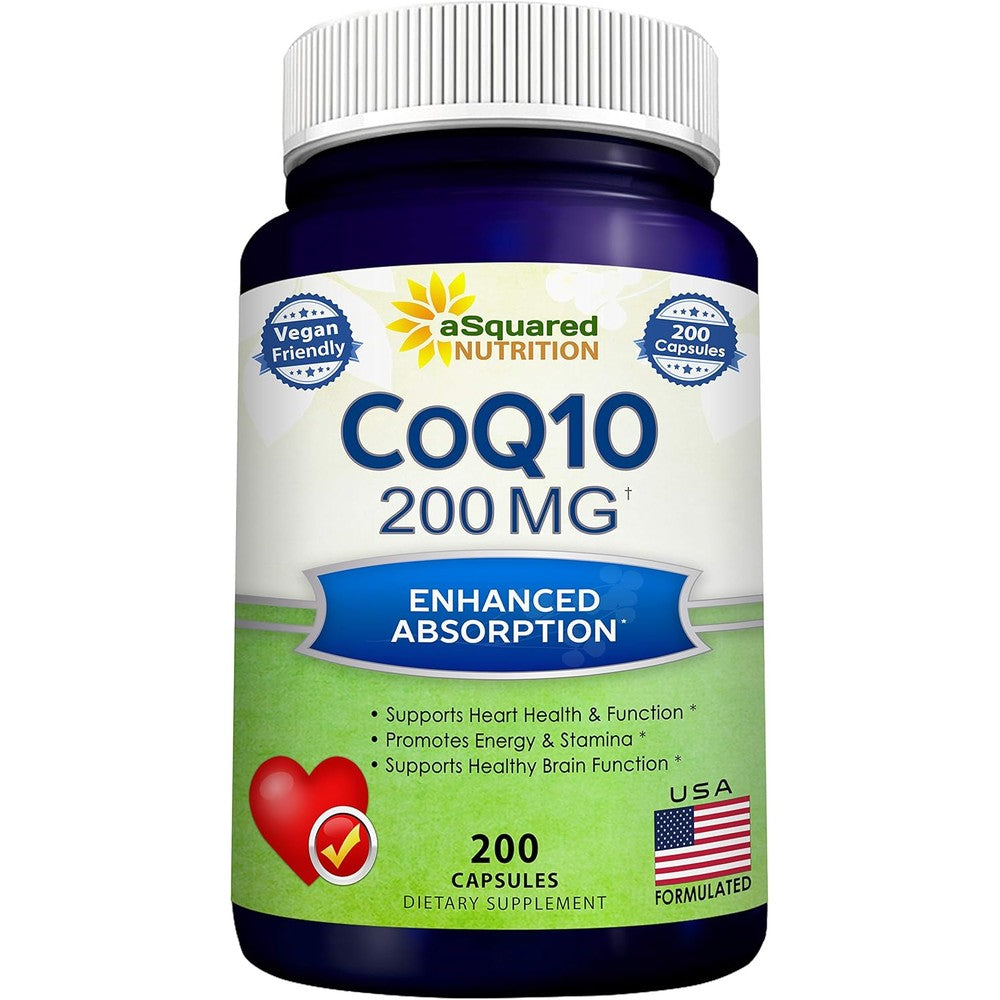 aSquared Nutrition CoQ10 200mg 200 veggie capsules front bottle view for heart health supplement