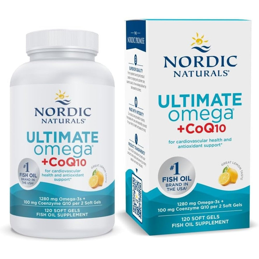 Nordic Naturals Ultimate Omega Plus Coenzyme Q10 Lemon Soft Gels front view bottle packaging