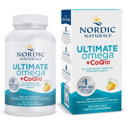 Nordic Naturals Ultimate Omega plus CoQ10 120 soft gels front view showing authentic imported packaging