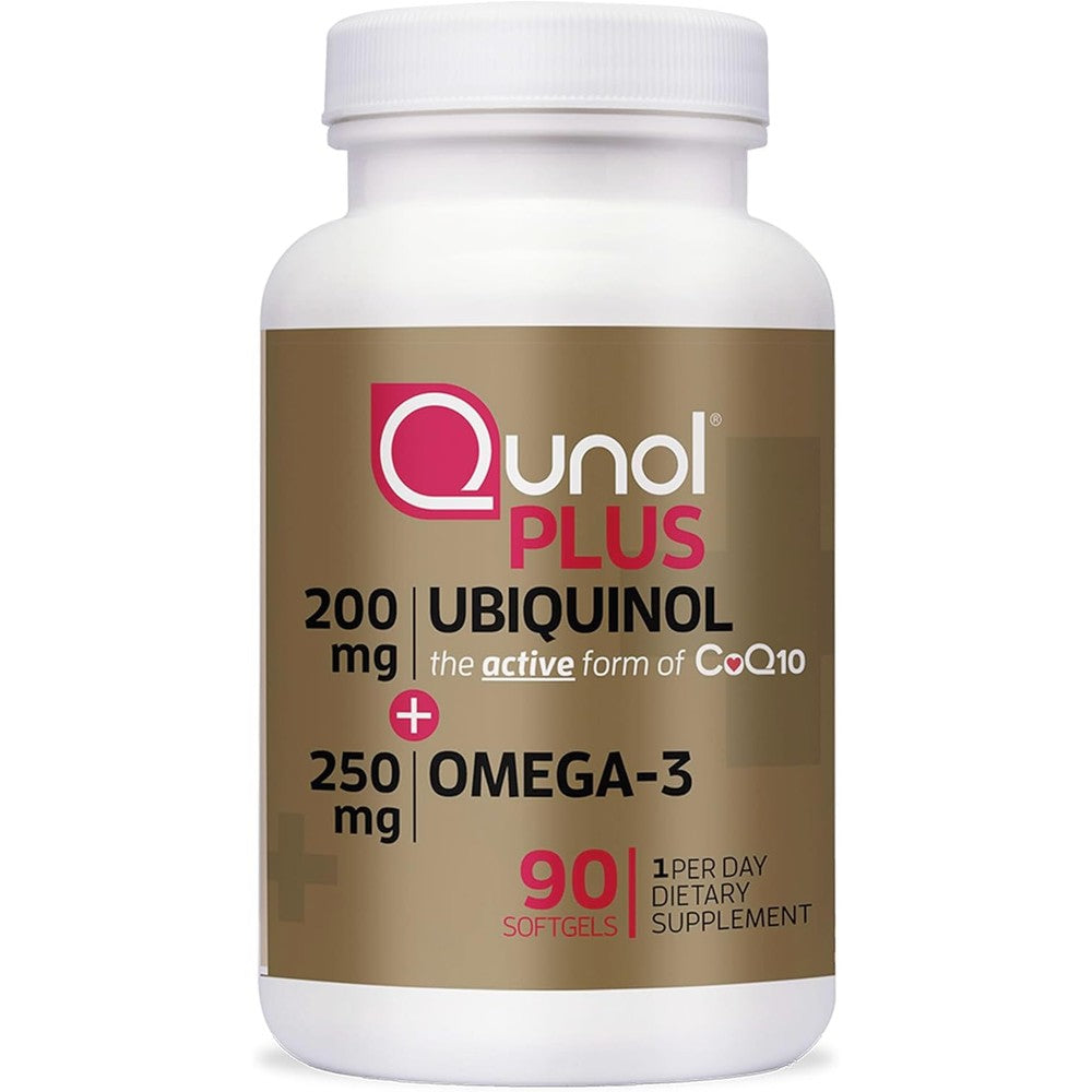 Qunol Plus Ubiquinol CoQ10 200mg with Omega 3 90 softgels bottle front view showcasing heart health benefits.