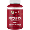 Qunol Mega Ubiquinol front view bottle showing 100 count softgels and antioxidant labeling.