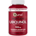 Qunol Mega Ubiquinol front view bottle showing 100 count softgels and antioxidant labeling.