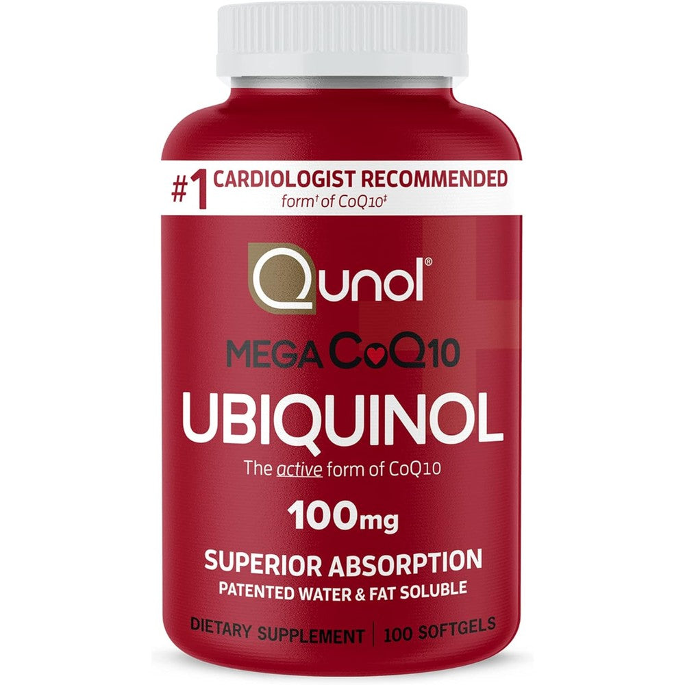 Qunol Mega Ubiquinol front view bottle showing 100 count softgels and antioxidant labeling.