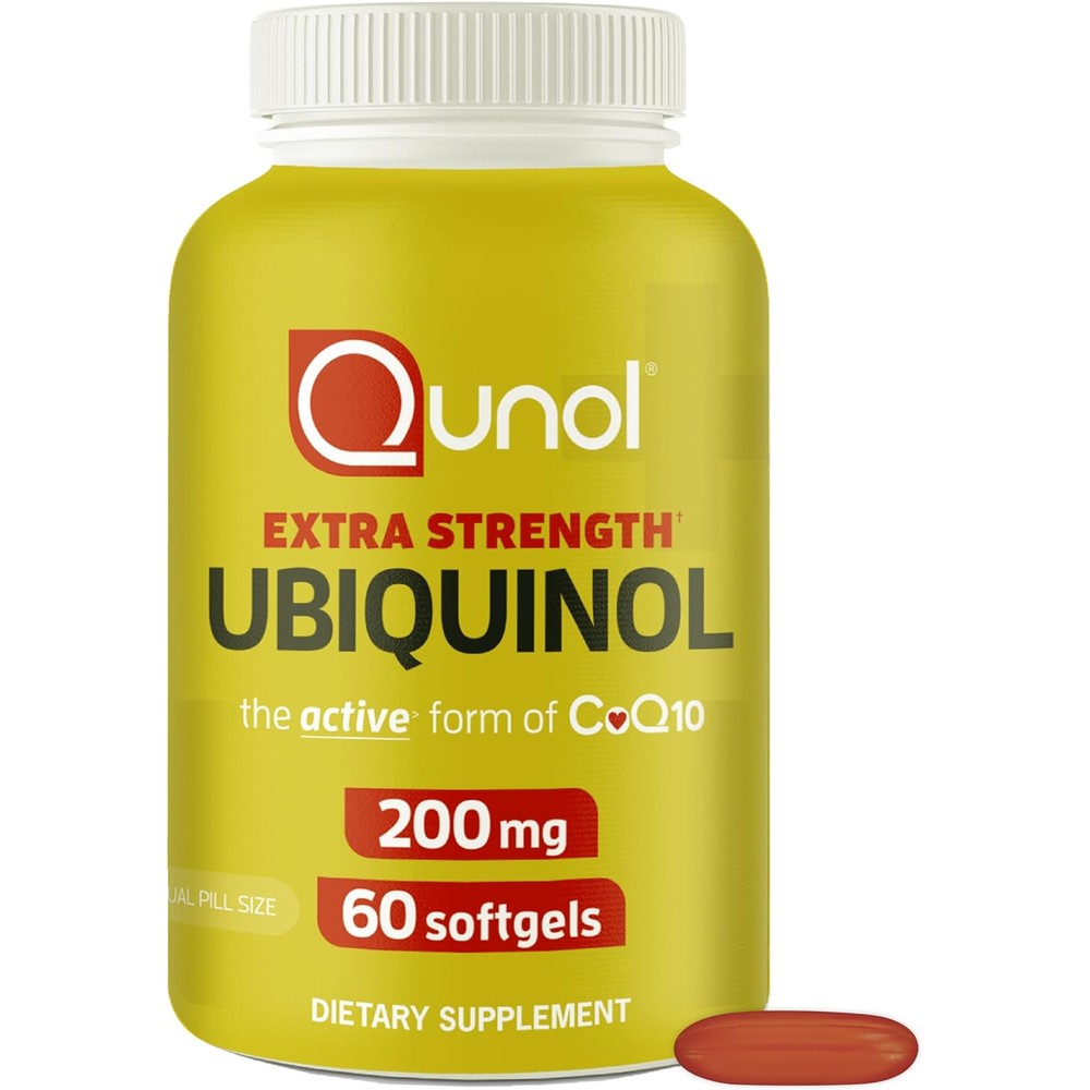 Qunol Extra Strength Ubiquinol 200mg 60 softgels front view bottle showing active CoQ10 heart health supplement