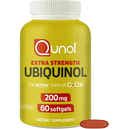 Qunol Extra Strength Ubiquinol 200mg 60 softgels front view bottle showing active CoQ10 heart health supplement