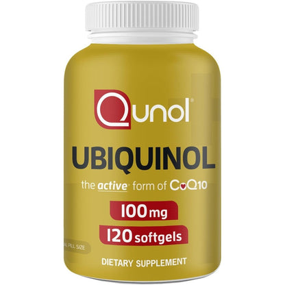 Qunol Ubiquinol CoQ10 100mg 120 Softgels front bottle view for heart health support.