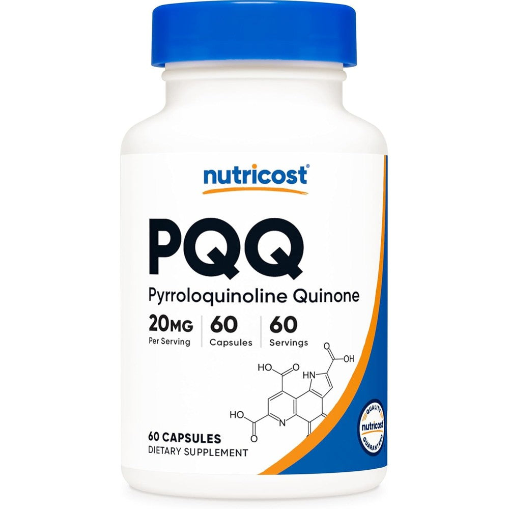 Nutricost PQQ 20 Milligrams 60 Vegetarian Capsules front view showing authentic USA packaging