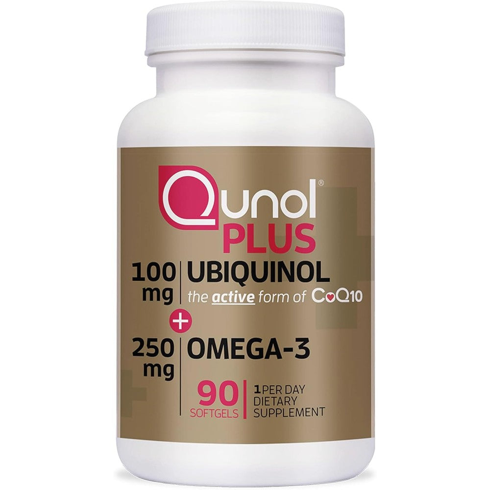 Qunol Plus Ubiquinol CoQ10 100mg with Omega 3 Fish Oil 90 softgels front bottle view