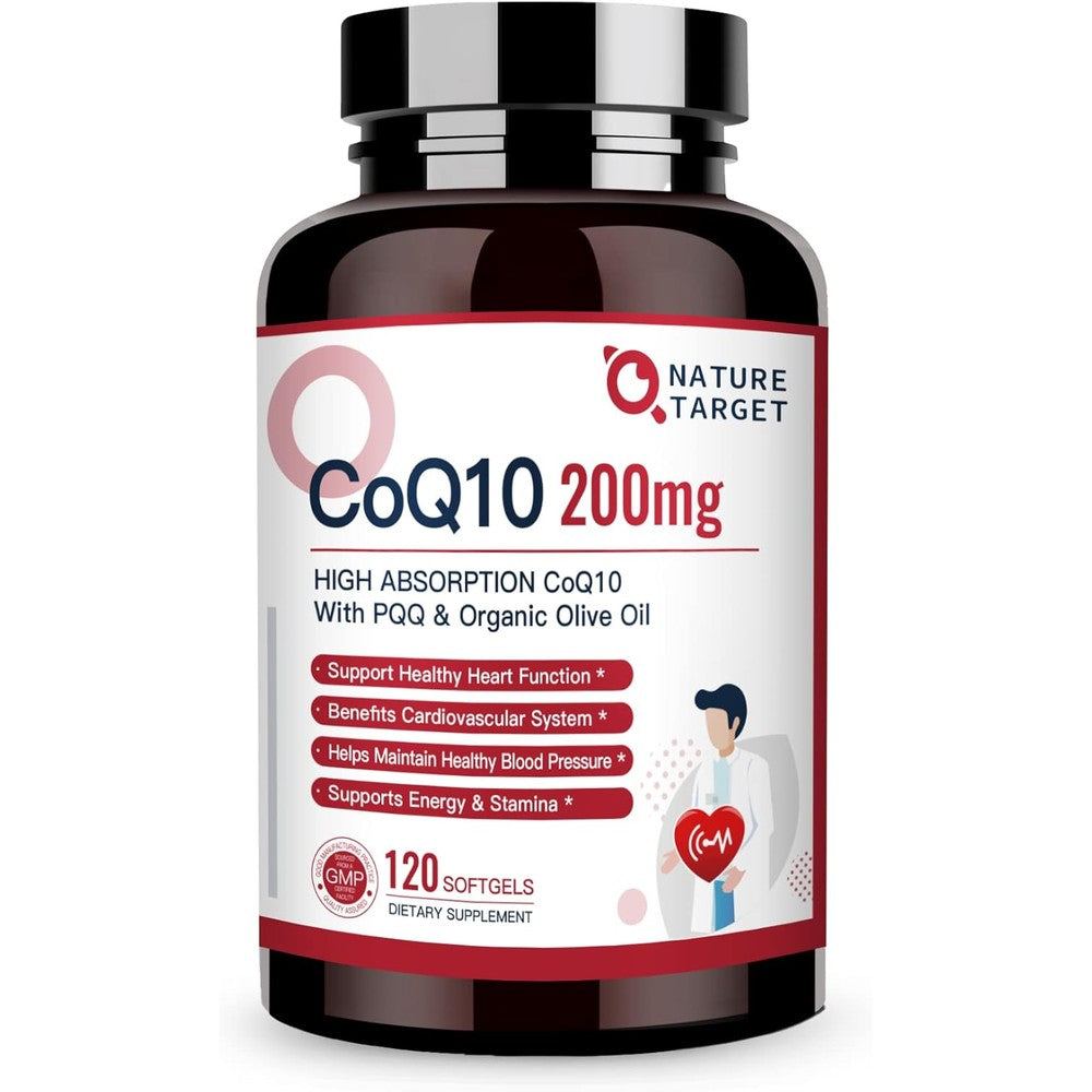 Nature Target CoQ10 200mg softgels front view of bottle for premium heart health supplements.