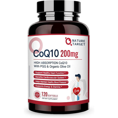 Nature Target CoQ10 200mg softgels front view of bottle for premium heart health supplements.