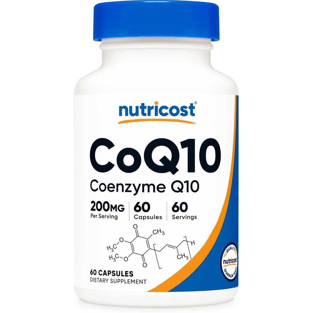 Nutricost CoQ10 200mg 60 vegetarian capsules front bottle view for heart health support