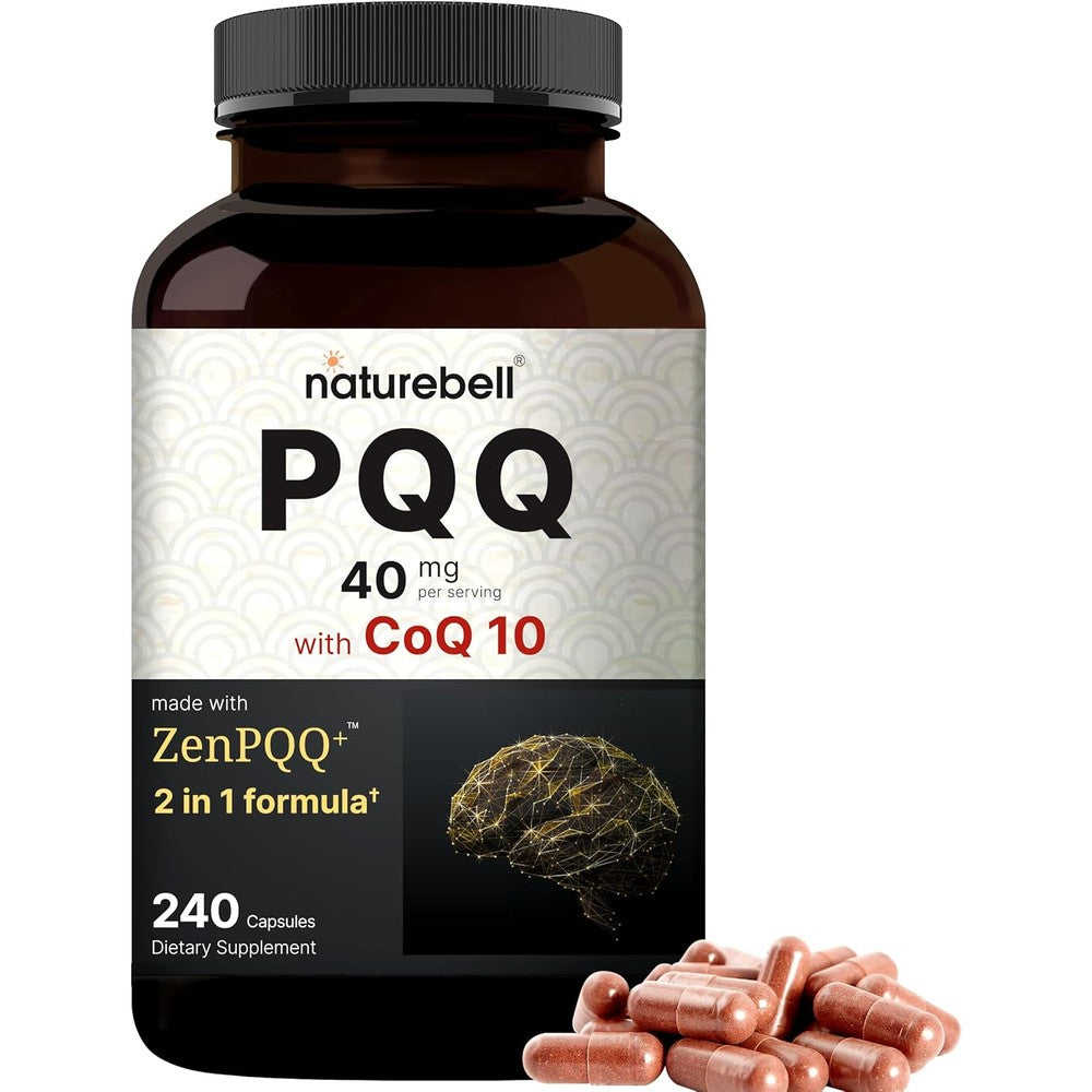 NatureBell PQQ 40mg and CoQ10 240 vegetarian capsules front view bottle showing premium imported cellular energy supplement packaging