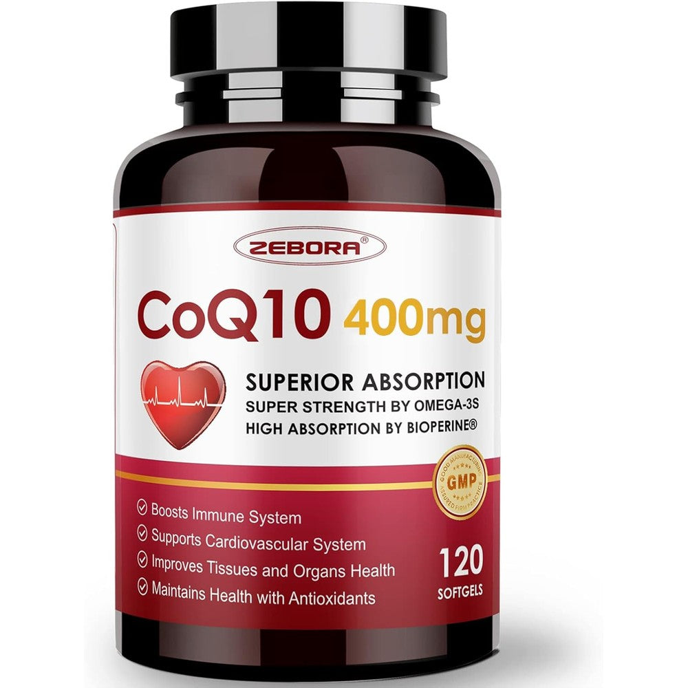 ZEBORA CoQ10 400mg softgels front bottle view of premium heart health supplement