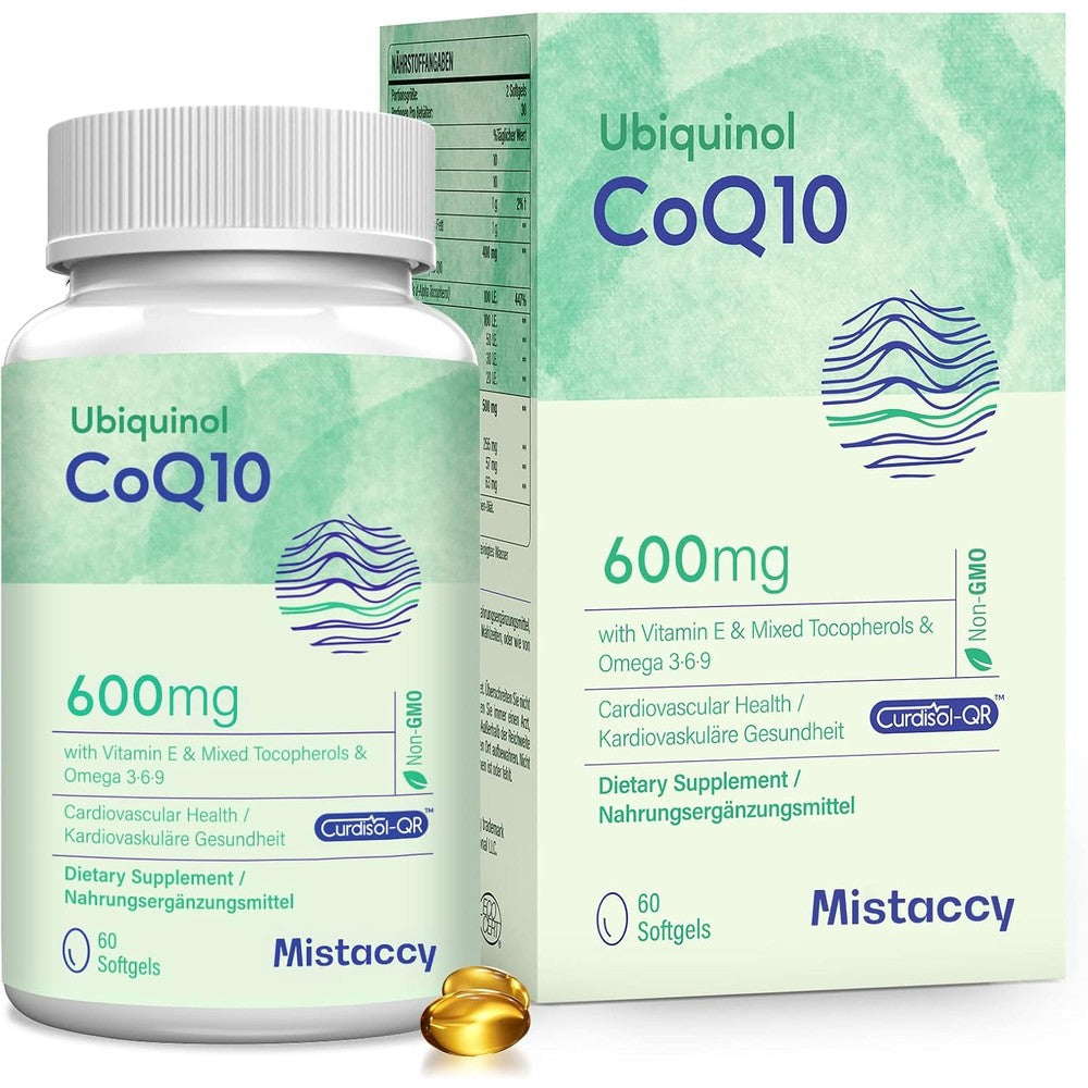 Mistaccy CoQ10 600mg Ubiquinol front view bottle of heart health supplement softgels