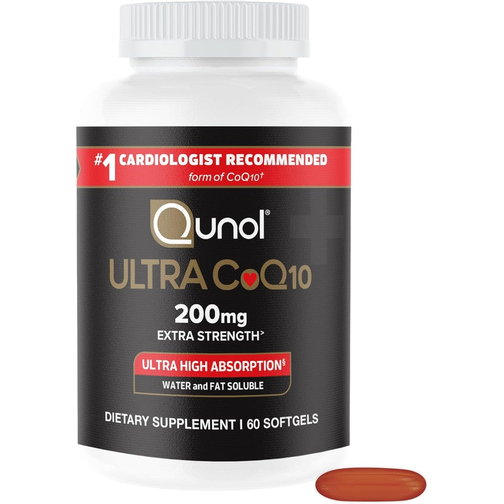 Qunol Ultra CoQ10 200mg softgels front view bottle container