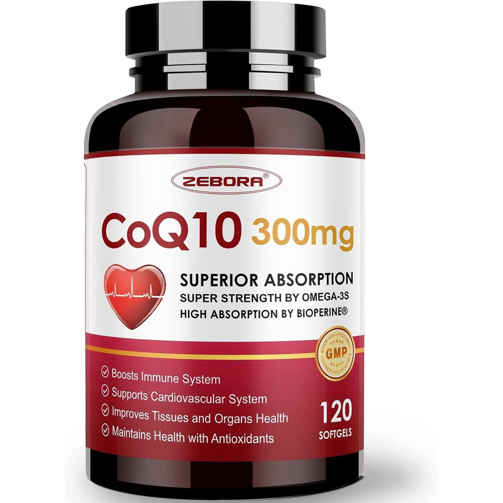 ZEBORA CoQ10 300mg softgels authentic supplement bottle front view detailing heart health benefits