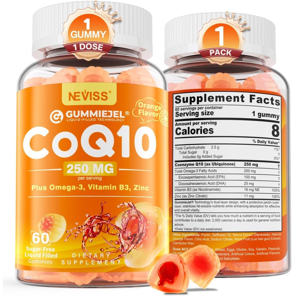 NEVISS Sugar Free CoQ10 250mg Filled Gummies front view showing bottle label and orange flavor details.