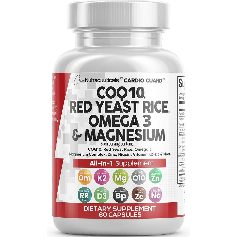 Clean Nutraceuticals CardioGuard CoQ10 and Red Yeast Rice supplement bottle front view