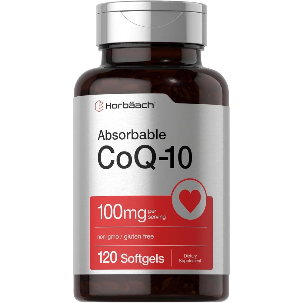 Horbäach CoQ10 100mg 120 softgels front view bottle showing high absorption formula label.