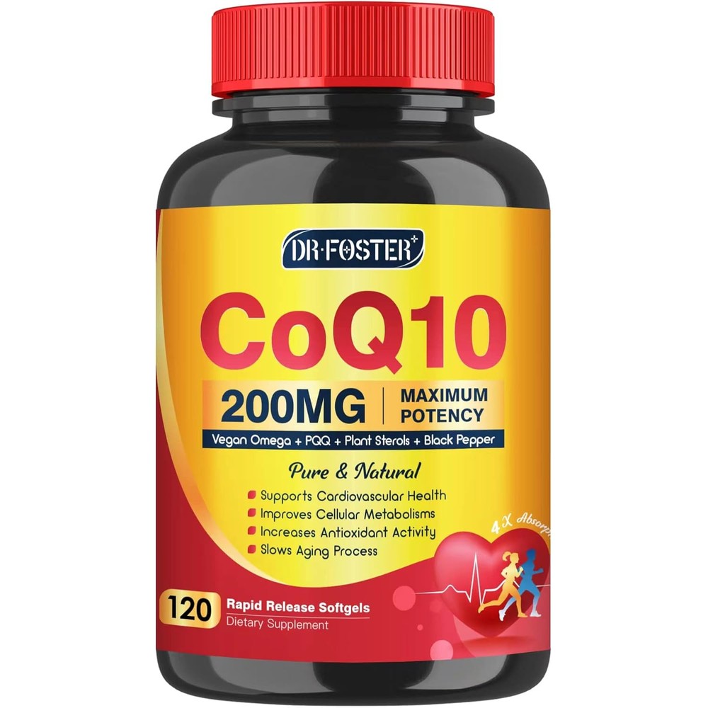 Dr. Foster CoQ10 200mg softgels front view bottle showing red cap