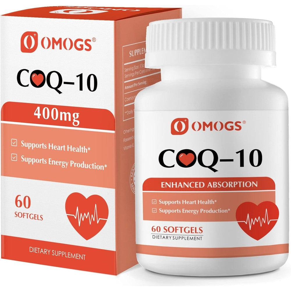 OMOGS CoQ10 400mg softgels front bottle view for heart health support