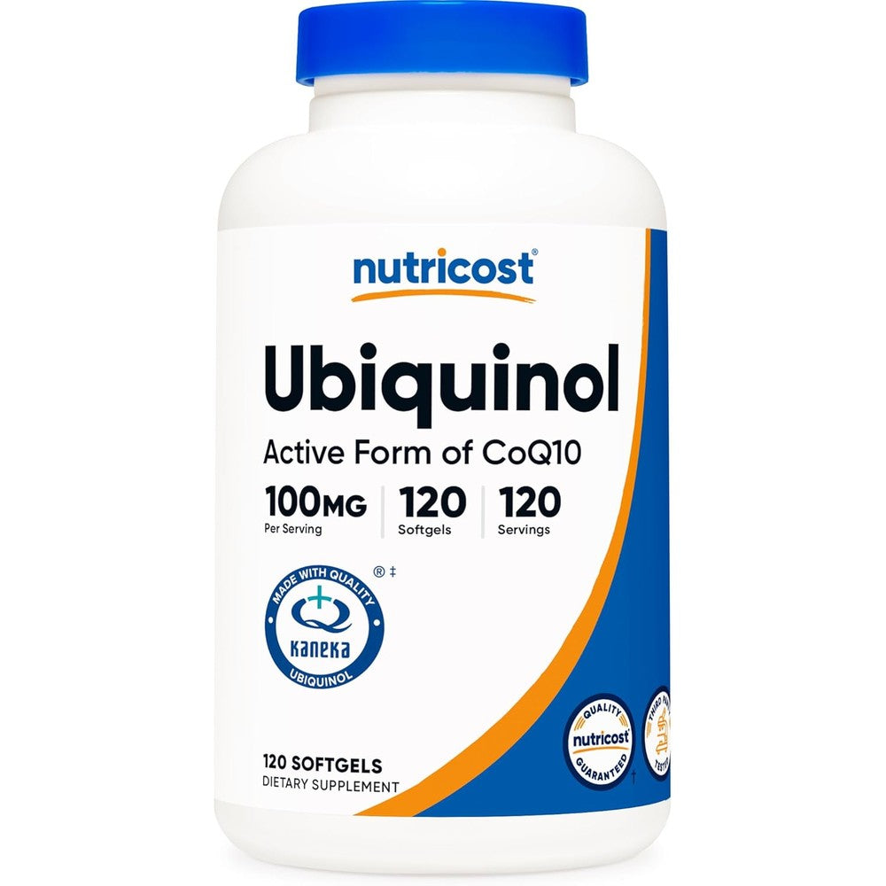 Nutricost Ubiquinol 100 mg 120 softgels front bottle view authentic dietary supplement