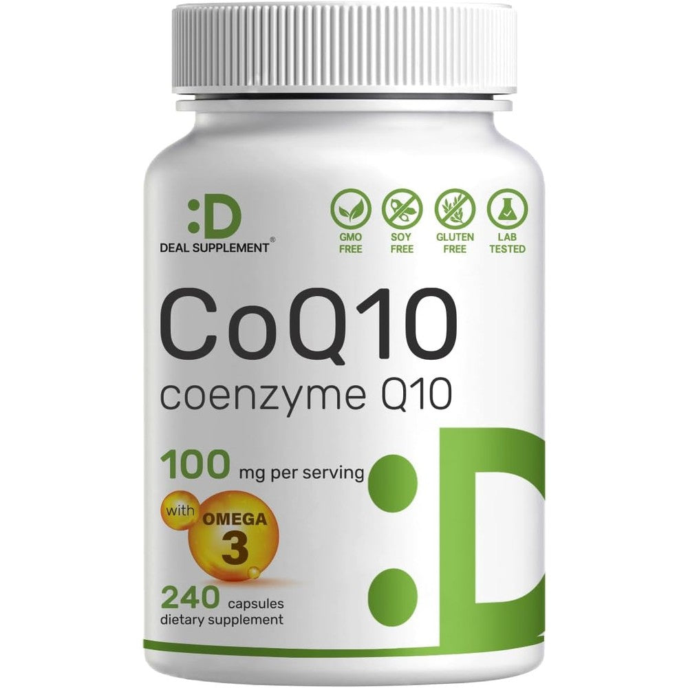 Deal Supplements CoQ10 100mg with Omega 3 bottle front view showing 240 capsules specification.