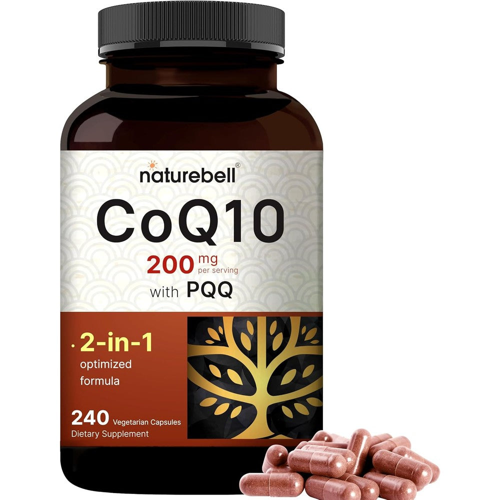 NatureBell CoQ10 200mg with PQQ front view bottle showing 240 vegetarian capsules.