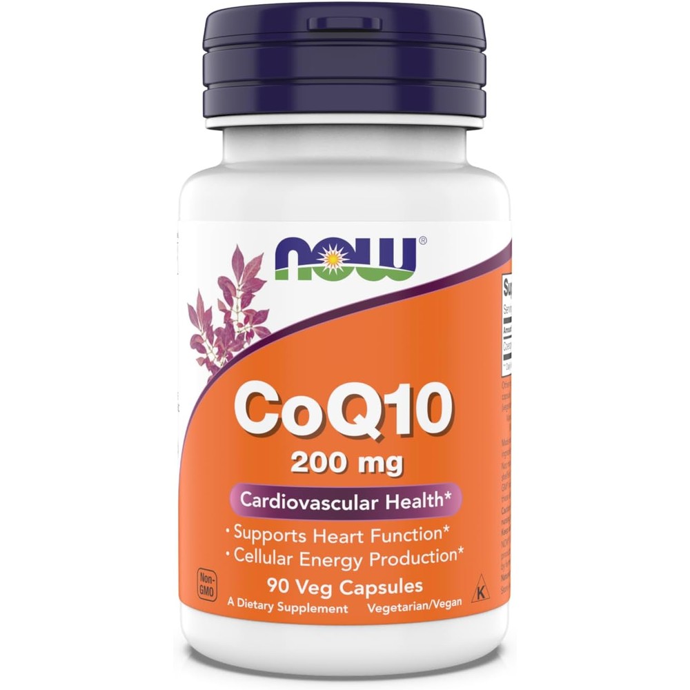 NOW Foods CoQ10 200 Milligrams bottle front view showing cardiovascular health support supplement labels.