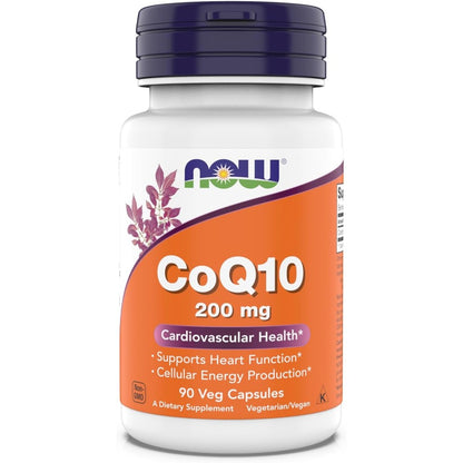 NOW Foods CoQ10 200 Milligrams bottle front view showing cardiovascular health support supplement labels.