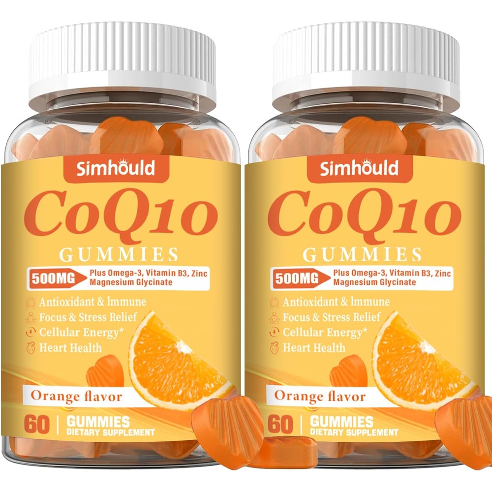 Simhould CoQ10 500mg Gummies two pack bottles front view demonstrating premium USA imported heart health supplements