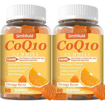 Simhould CoQ10 500mg Gummies two pack bottles front view demonstrating premium USA imported heart health supplements