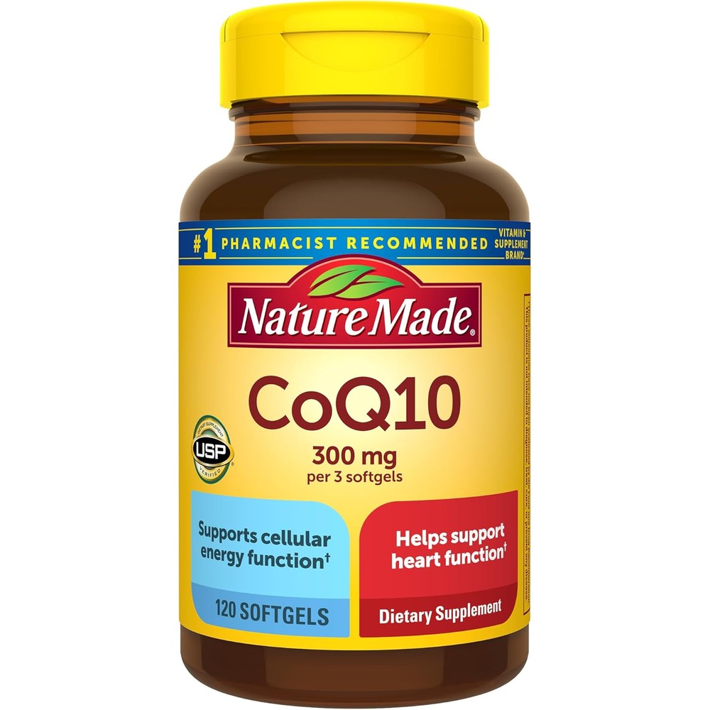 Nature Made CoQ10 300 Milligrams 120 Liquid Softgels front view bottle for authentic heart health supplement in India.