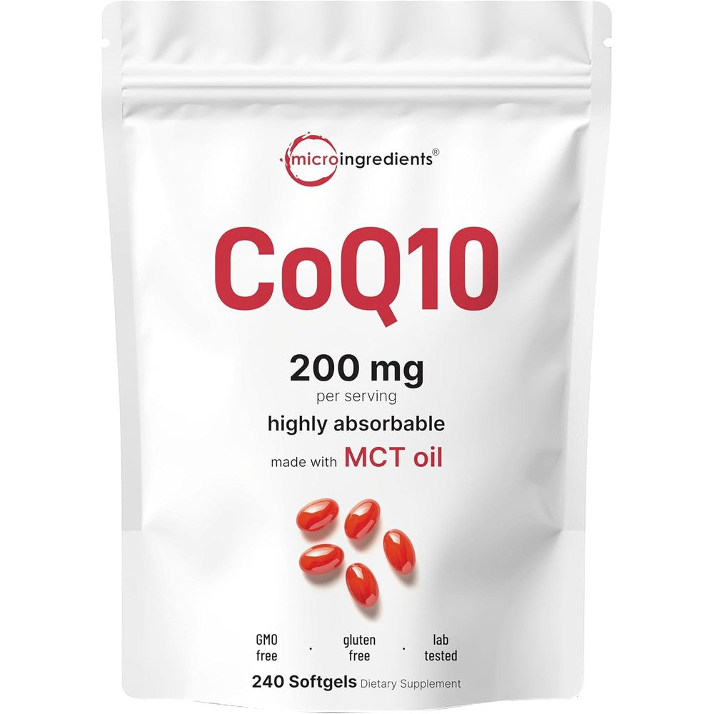 Micro Ingredients Coenzyme Q10 200 mg 240 softgels front view pouch packaging
