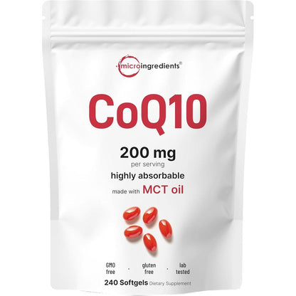 Micro Ingredients Coenzyme Q10 200 mg 240 softgels front view pouch packaging