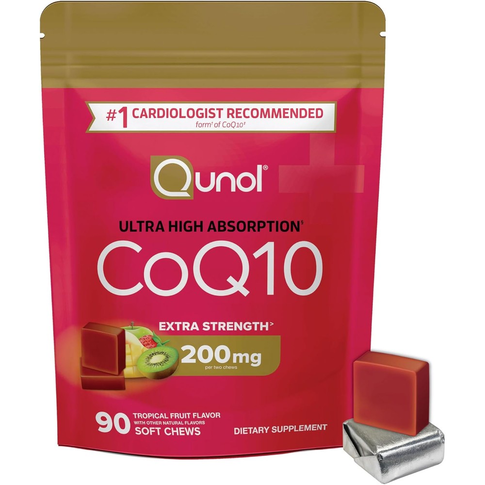Qunol CoQ10 200 Milligrams Soft Chews Tropical Fruit front pouch view for heart health
