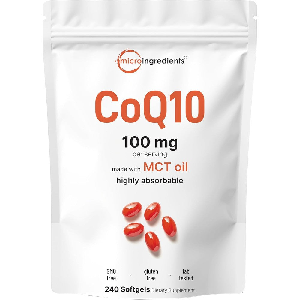 Micro Ingredients CoQ10 100mg 240 Softgels front view of authentic resealable white pouch supplement