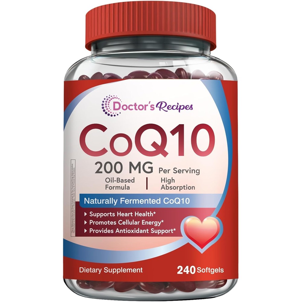 Doctor's Recipes CoQ10 200mg supplement bottle front view demonstrating authentic USA imported health products packaging.