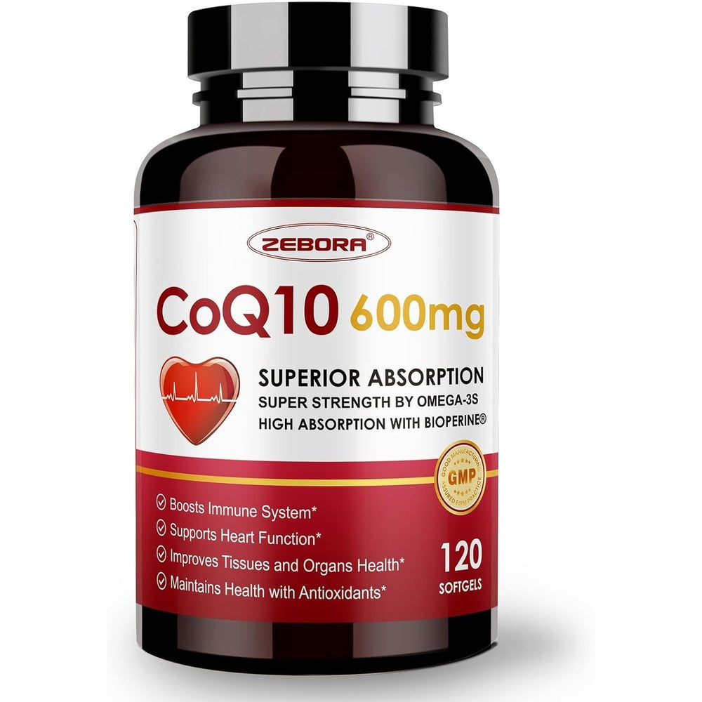 Evorina Zebora Extra Strength CoQ10 600mg 120 softgels front bottle view for heart health support