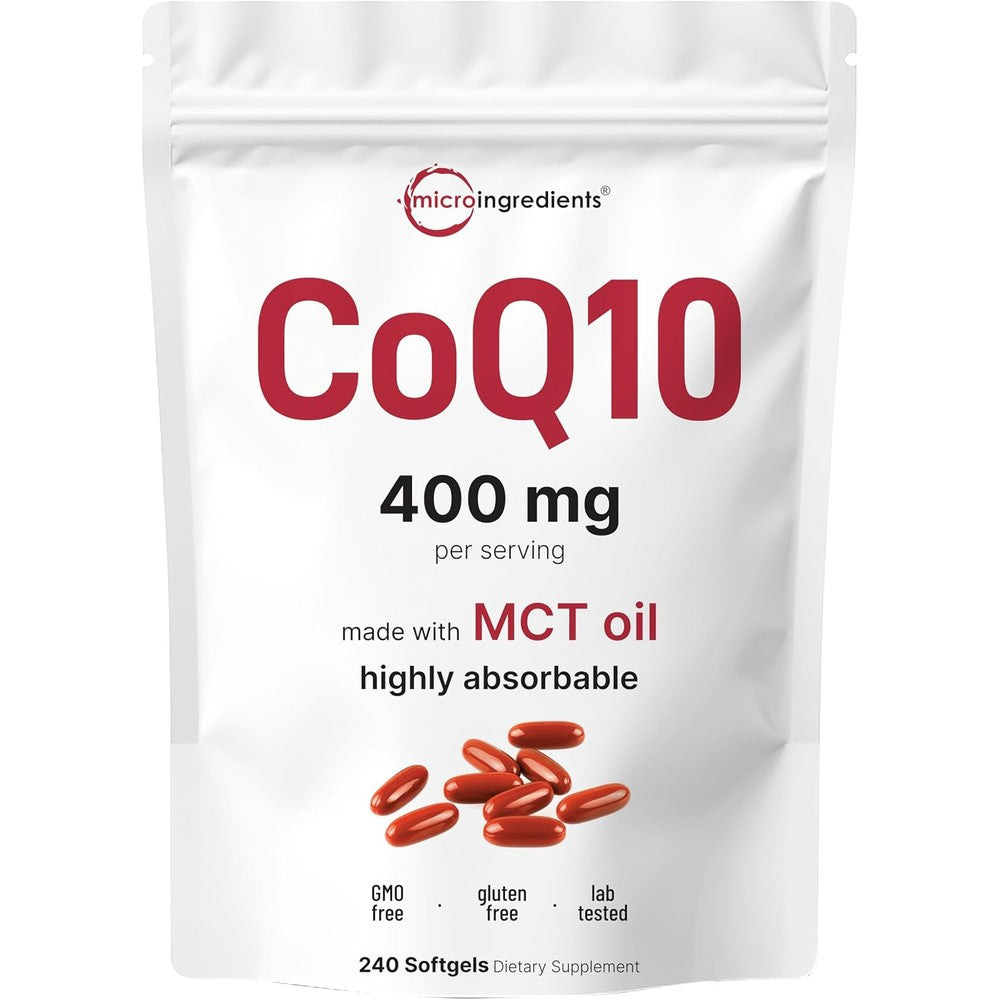 Micro Ingredients Coenzyme Q10 400 Milligrams 240 Softgels front packaging view for high absorption heart health supplement.