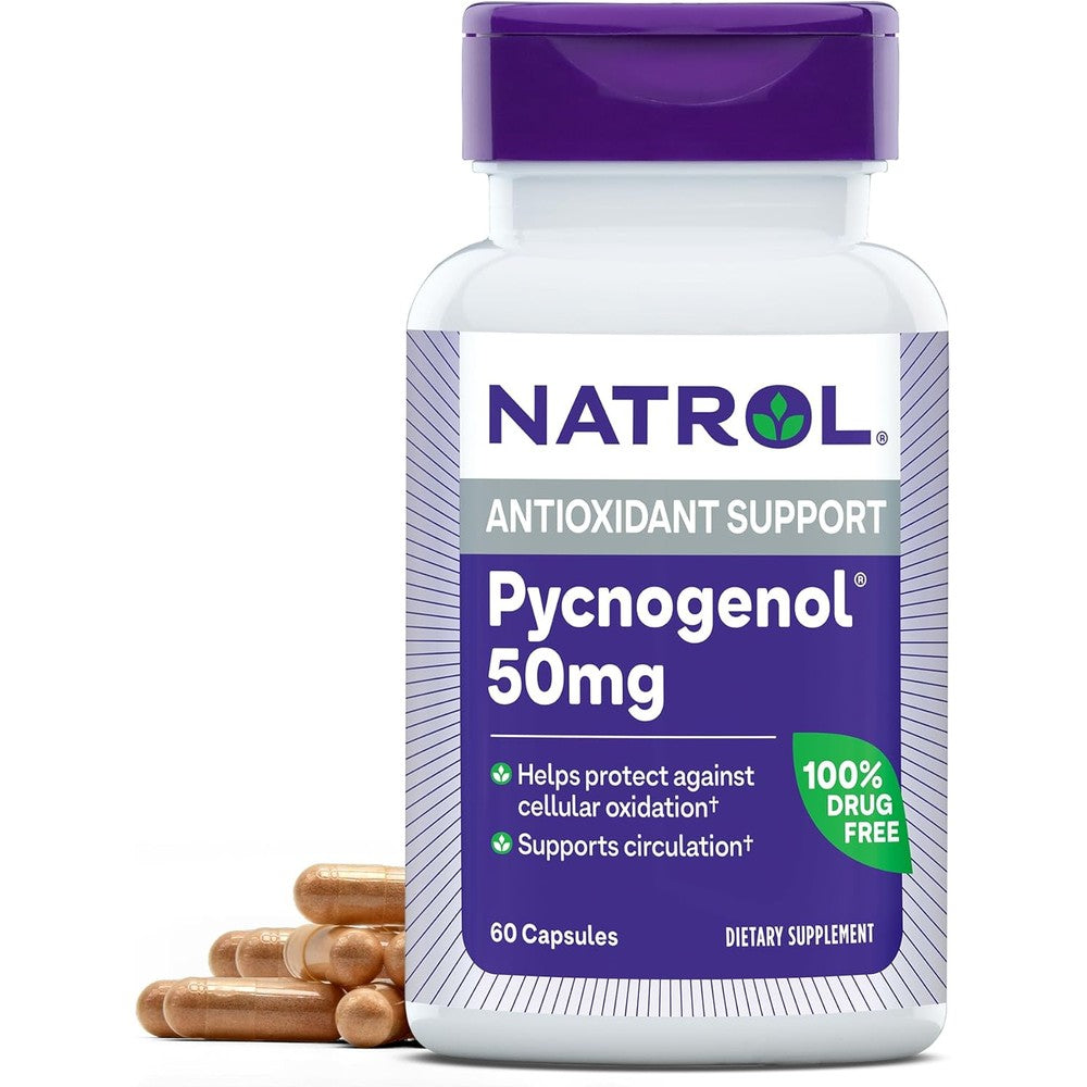 Natrol Pycnogenol 50mg 60 vegetarian capsules front view bottle for antioxidant protection.