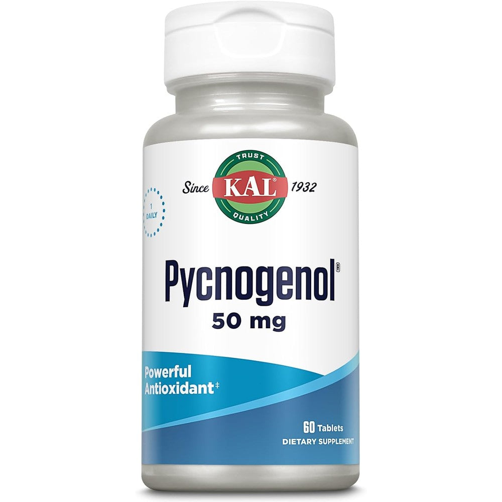 KAL Pycnogenol 50 Mg Tablets 60 Count front view bottle for premium antioxidant protection.