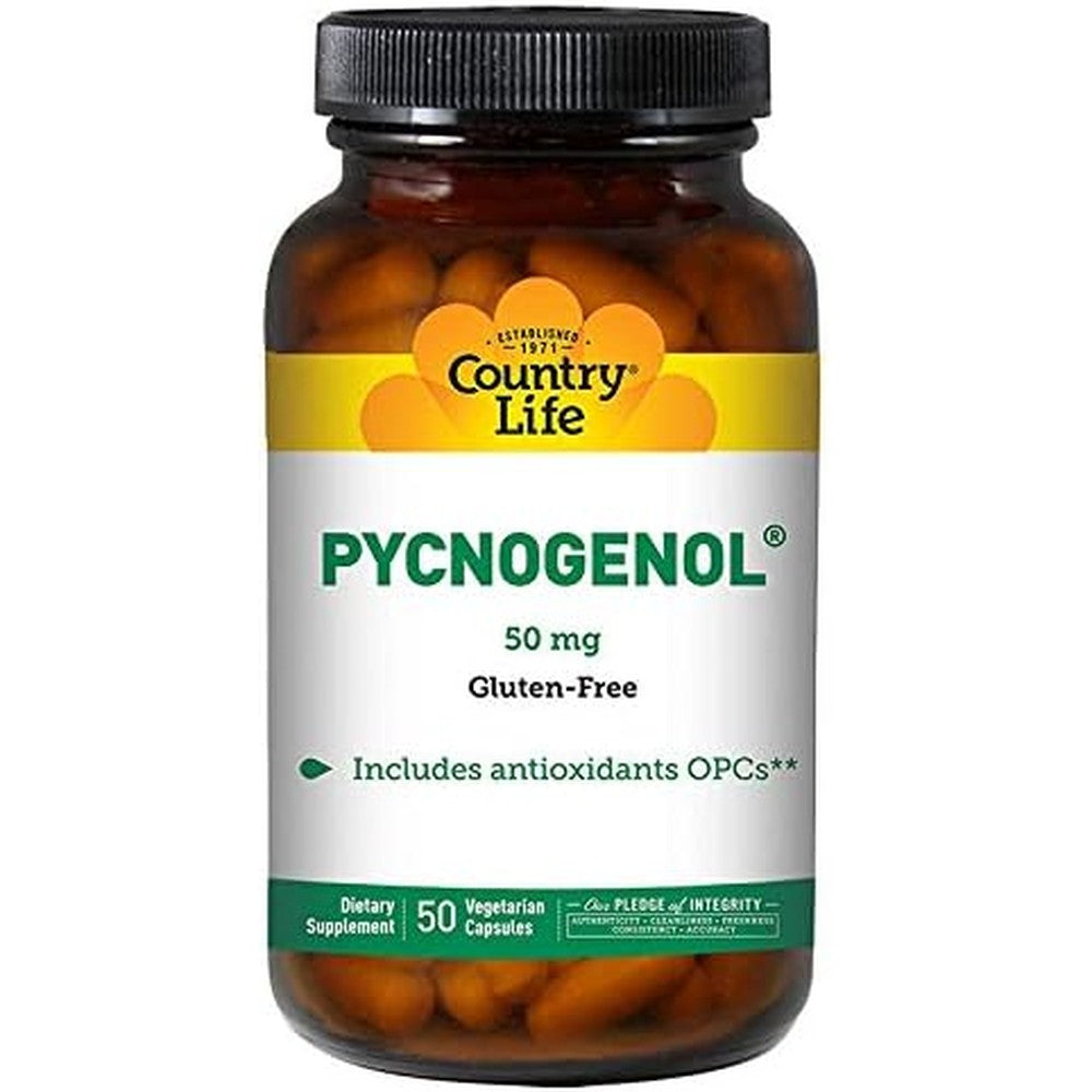 Country Life Pycnogenol 50 Milligrams 50 Vegetarian Capsules front view bottle for antioxidant and cardiovascular support.