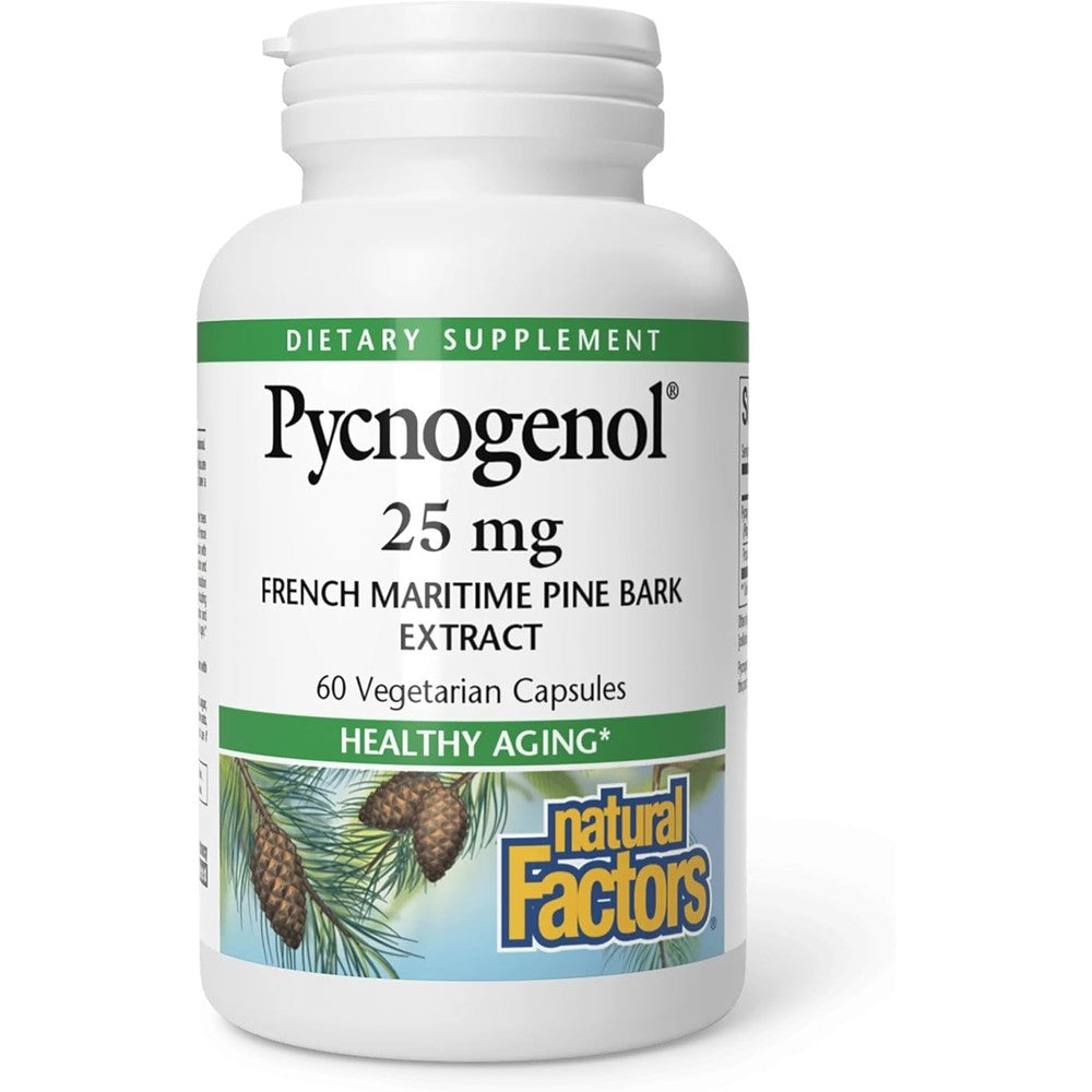 Natural Factors Pycnogenol 25 mg front view bottle showing premium antioxidant support supplement