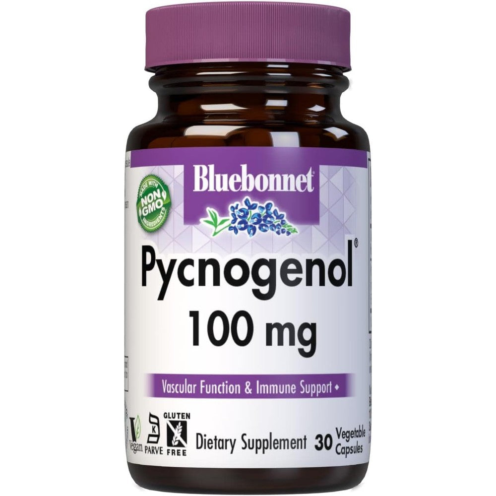 BlueBonnet Nutrition Pycnogenol 100 mg 60 vegetable capsules front view bottle for cardiovascular health support.